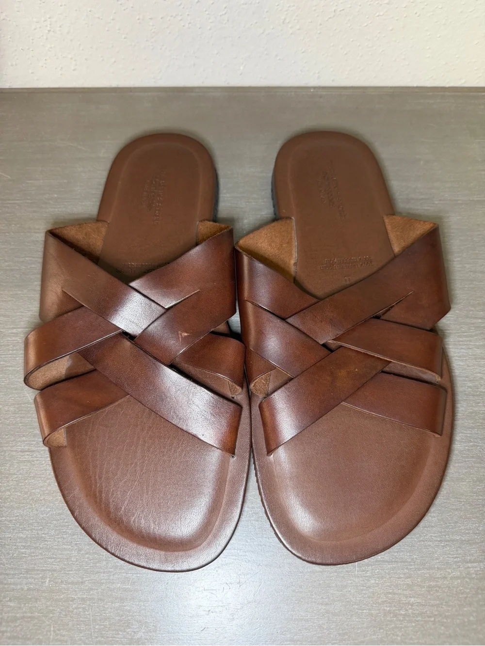 Size 11 - Bloomingdales The Men's Store Leather Cross Strap Woven Sandals Brown